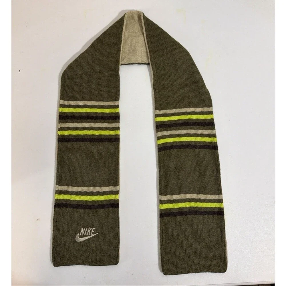 Nike Men's Knit Striped Scarf with Logo - Green Beige Yellow Brown